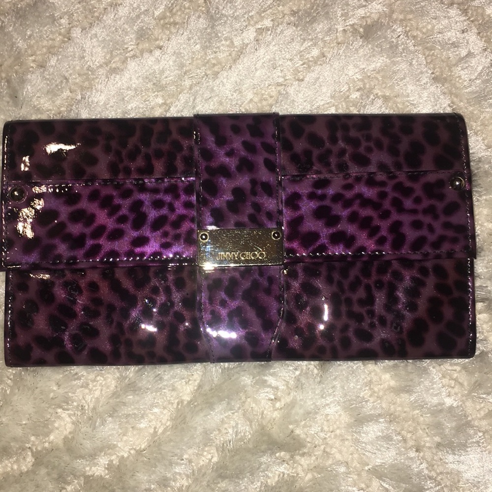 Jimmy Choo patent leather leopard purple clutch